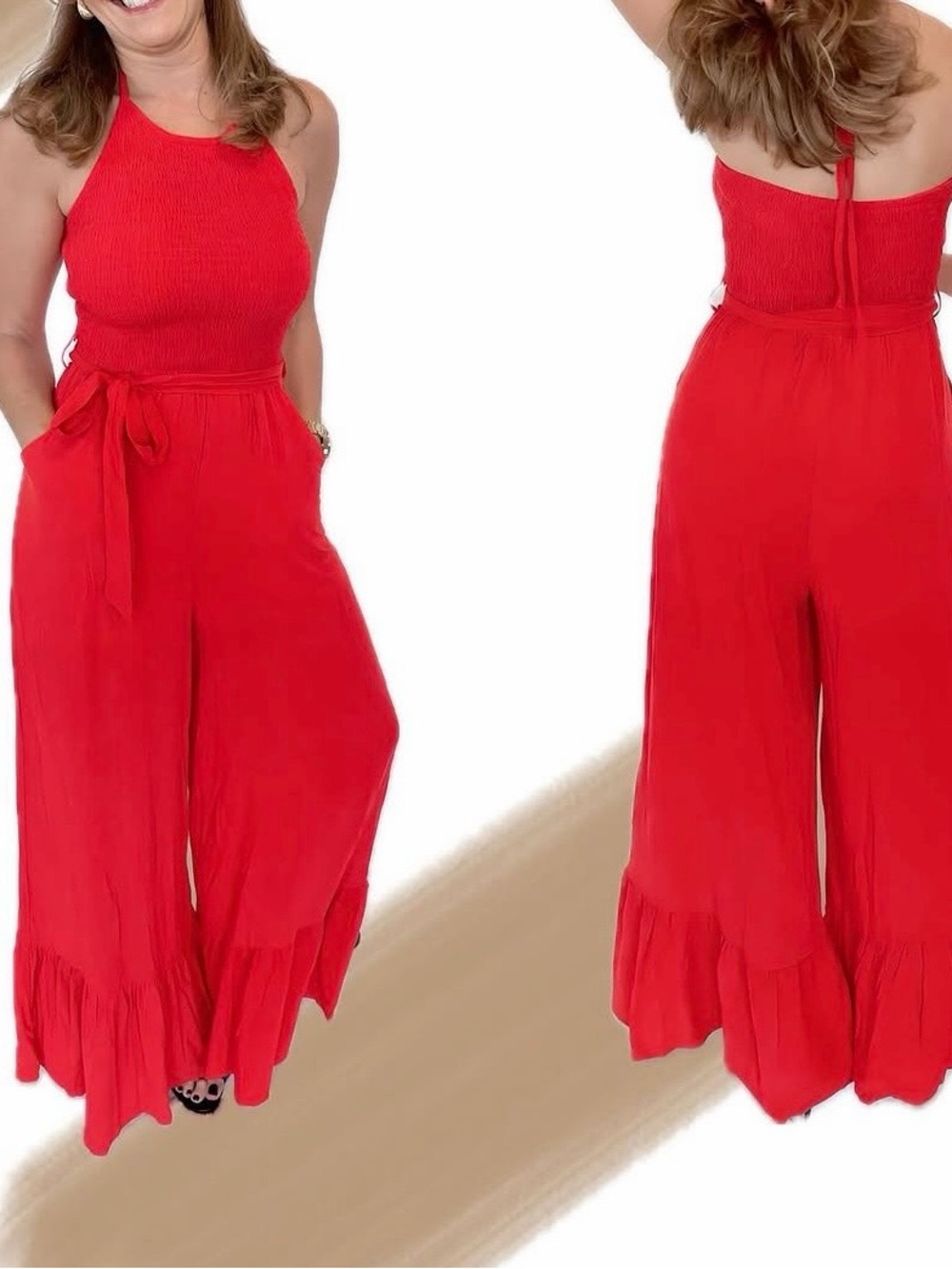 Red Smocked Halter Wide-Leg Jumpsuit
